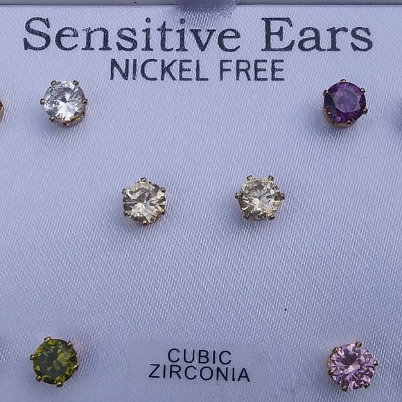 Sensitive ears nickel free cubic zirconia stud earrings 5 pairs - Picture 2 of 14